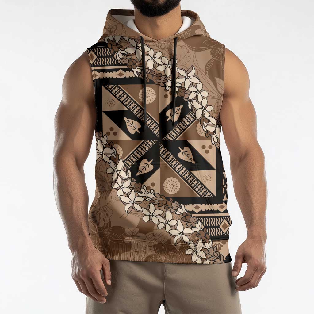Bula Fiji Plumeria Tagimoucia Salusalu Mocha Sleeveless Hoodie Kaiviti Masi - Polynesian Pride