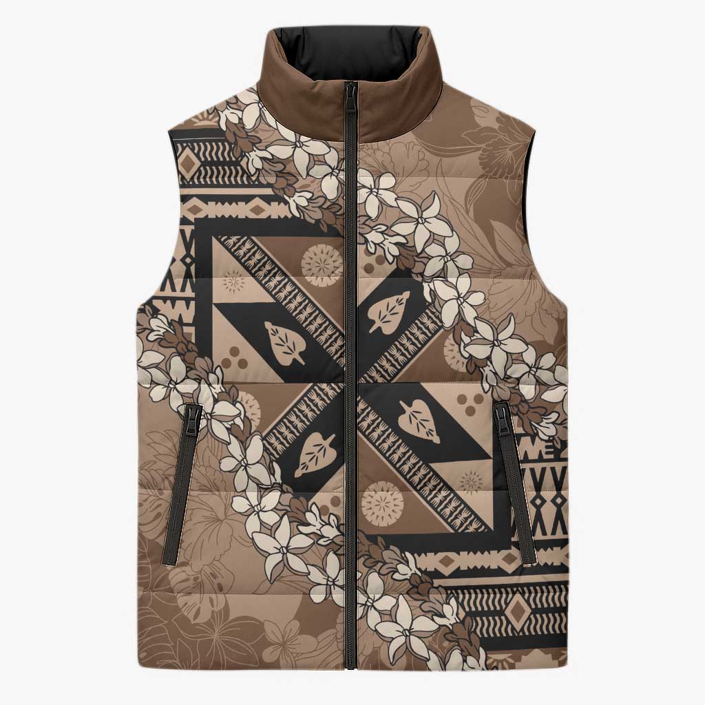 Bula Fiji Plumeria Tagimoucia Salusalu Mocha Sleeveless Puffer Jacket Kaiviti Masi - Polynesian Pride