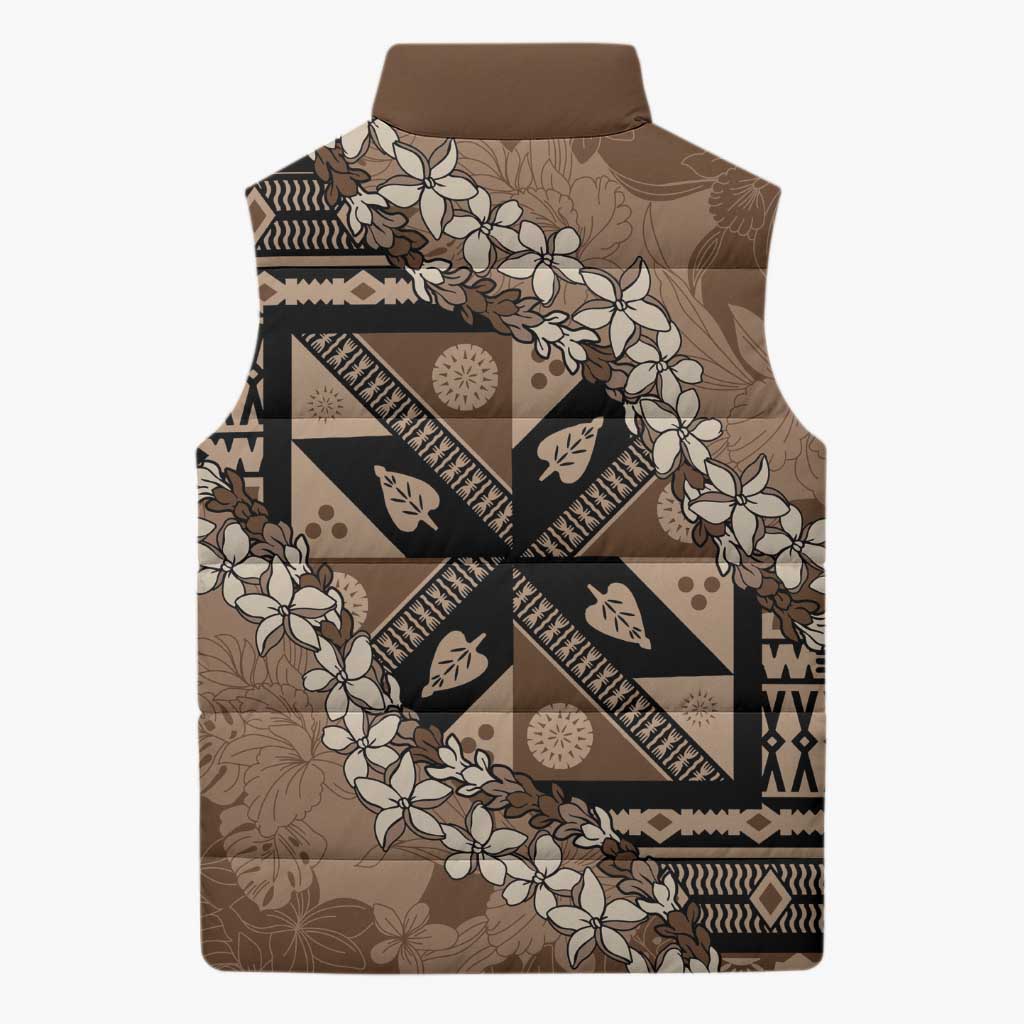 Bula Fiji Plumeria Tagimoucia Salusalu Mocha Sleeveless Puffer Jacket Kaiviti Masi LT7 - Polynesian Pride