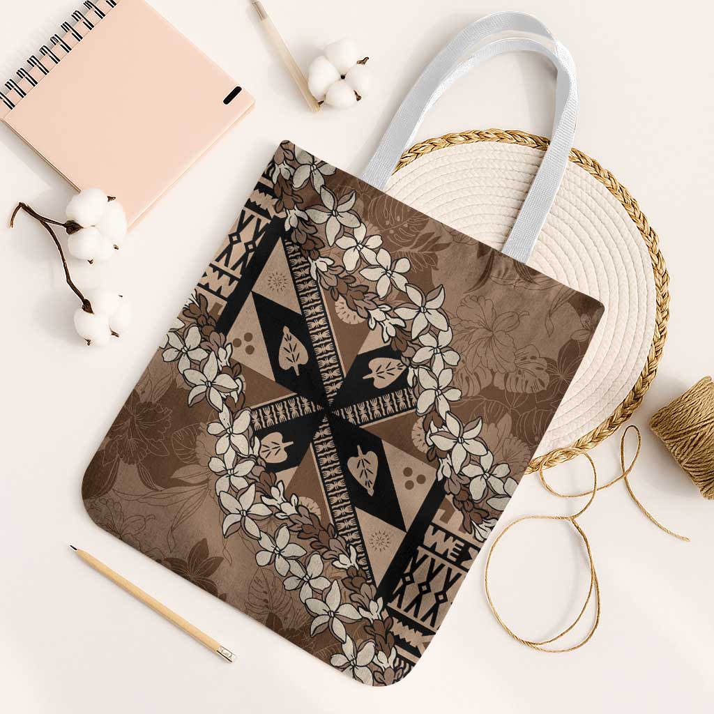 Bula Fiji Plumeria Tagimoucia Salusalu Mocha Tote Bag Kaiviti Masi LT7 White Strap One Size Mocha - Polynesian Pride