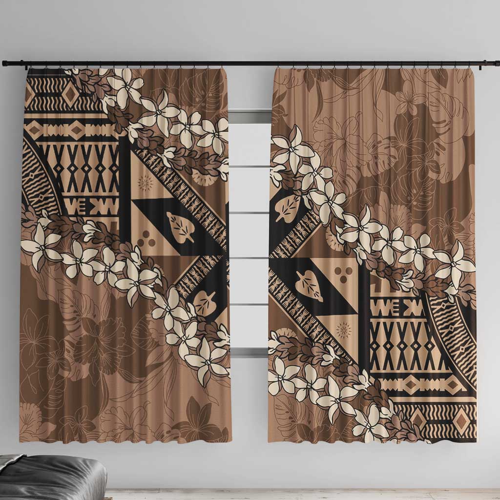 Bula Fiji Plumeria Tagimoucia Salusalu Mocha Window Curtain Kaiviti Masi LT7 With Hooks Mocha - Polynesian Pride