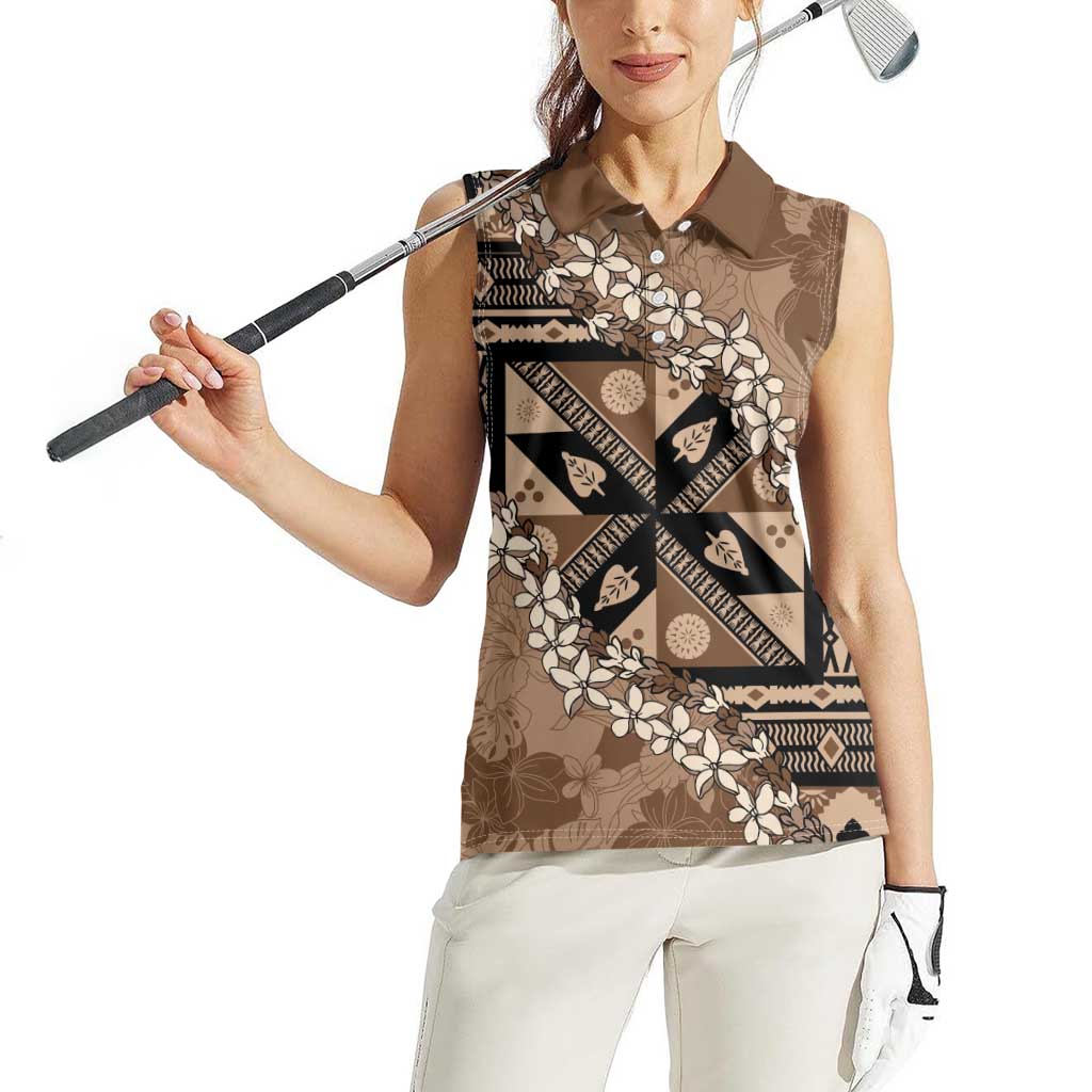 Bula Fiji Plumeria Tagimoucia Salusalu Mocha Women Sleeveless Polo Shirt Kaiviti Masi LT7 - Polynesian Pride
