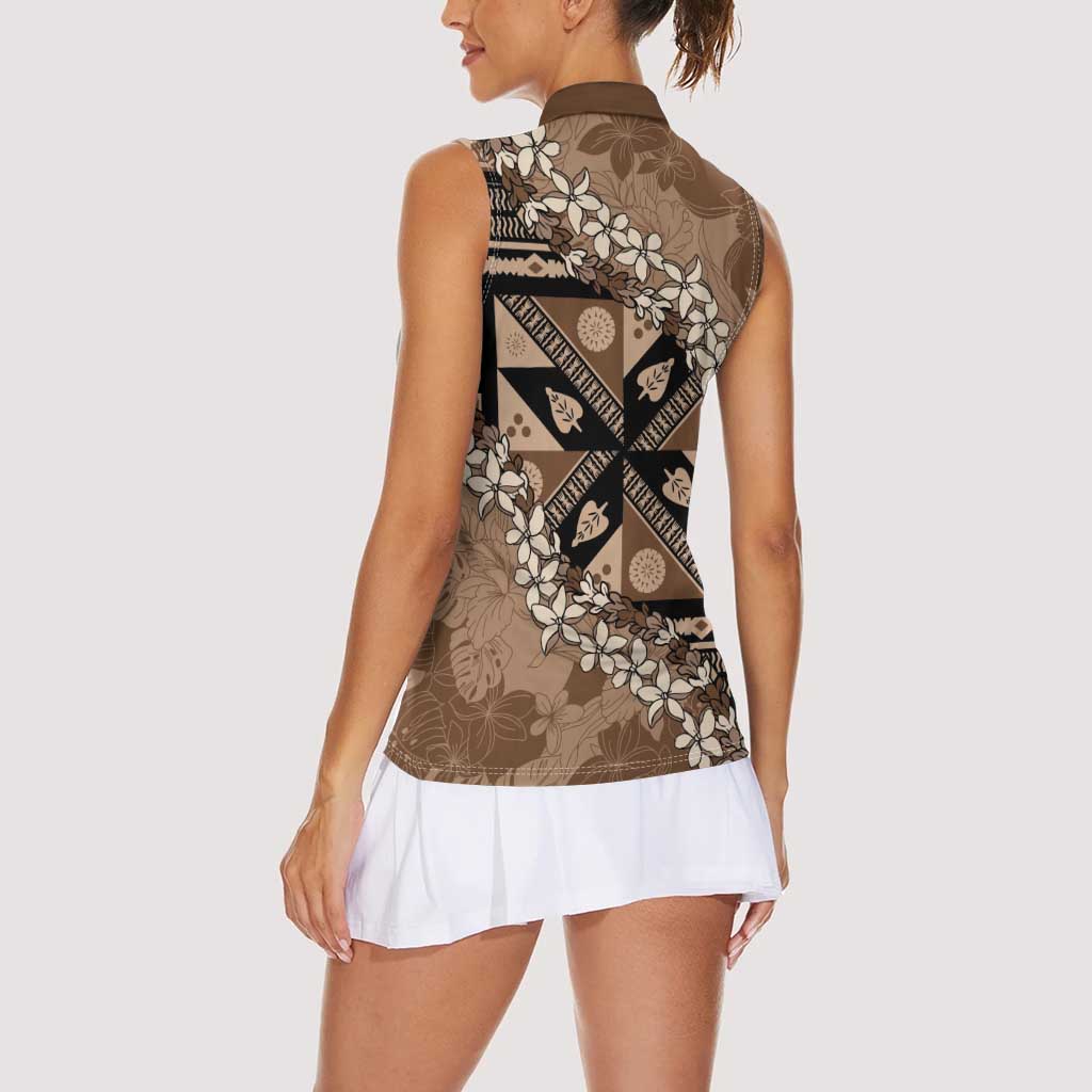 Bula Fiji Plumeria Tagimoucia Salusalu Mocha Women Sleeveless Polo Shirt Kaiviti Masi LT7 - Polynesian Pride