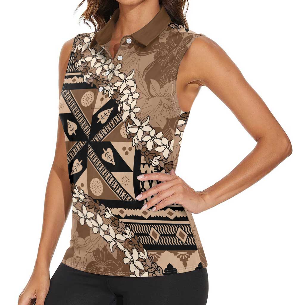Bula Fiji Plumeria Tagimoucia Salusalu Mocha Women Sleeveless Polo Shirt Kaiviti Masi LT7 - Polynesian Pride