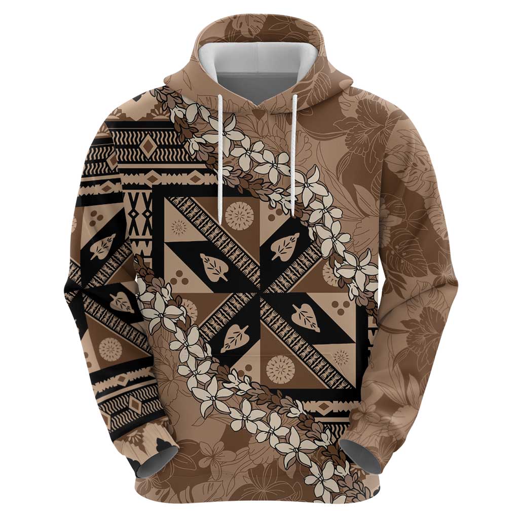 Bula Fiji Plumeria Tagimoucia Salusalu Mocha Zip Hoodie Kaiviti Masi - Polynesian Pride