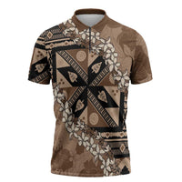 Bula Fiji Plumeria Tagimoucia Salusalu Mocha Zipper Polo Shirt Kaiviti Masi - Polynesian Pride
