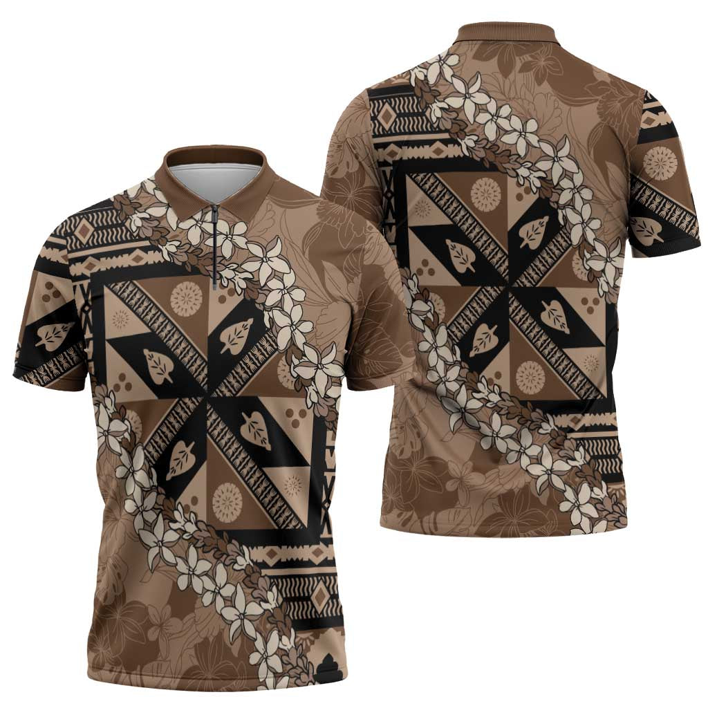 Bula Fiji Plumeria Tagimoucia Salusalu Mocha Zipper Polo Shirt Kaiviti Masi - Polynesian Pride
