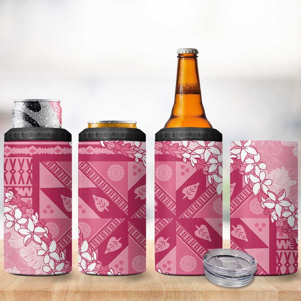 Bula Fiji Plumeria Tagimoucia Salusalu Pink 4 in 1 Can Cooler Tumbler Kaiviti Masi LT7 - Polynesian Pride