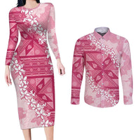 Bula Fiji Plumeria Tagimoucia Salusalu Pink Couples Matching Long Sleeve Bodycon Dress and Long Sleeve Button Shirt Kaiviti Masi LT7 Pink - Polynesian Pride