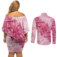 Bula Fiji Plumeria Tagimoucia Salusalu Pink Couples Matching Off Shoulder Short Dress and Long Sleeve Button Shirt Kaiviti Masi LT7 - Polynesian Pride