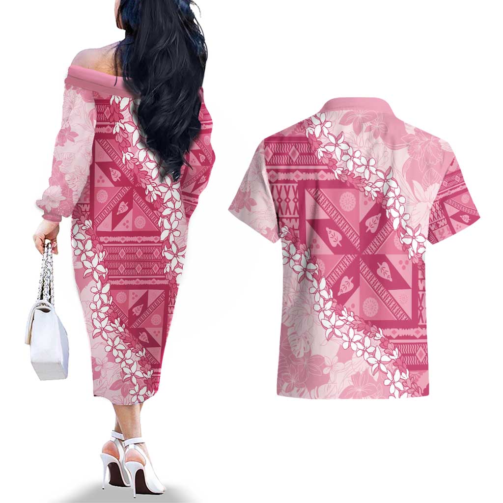 Bula Fiji Plumeria Tagimoucia Salusalu Pink Couples Matching Off The Shoulder Long Sleeve Dress and Hawaiian Shirt Kaiviti Masi LT7 - Polynesian Pride