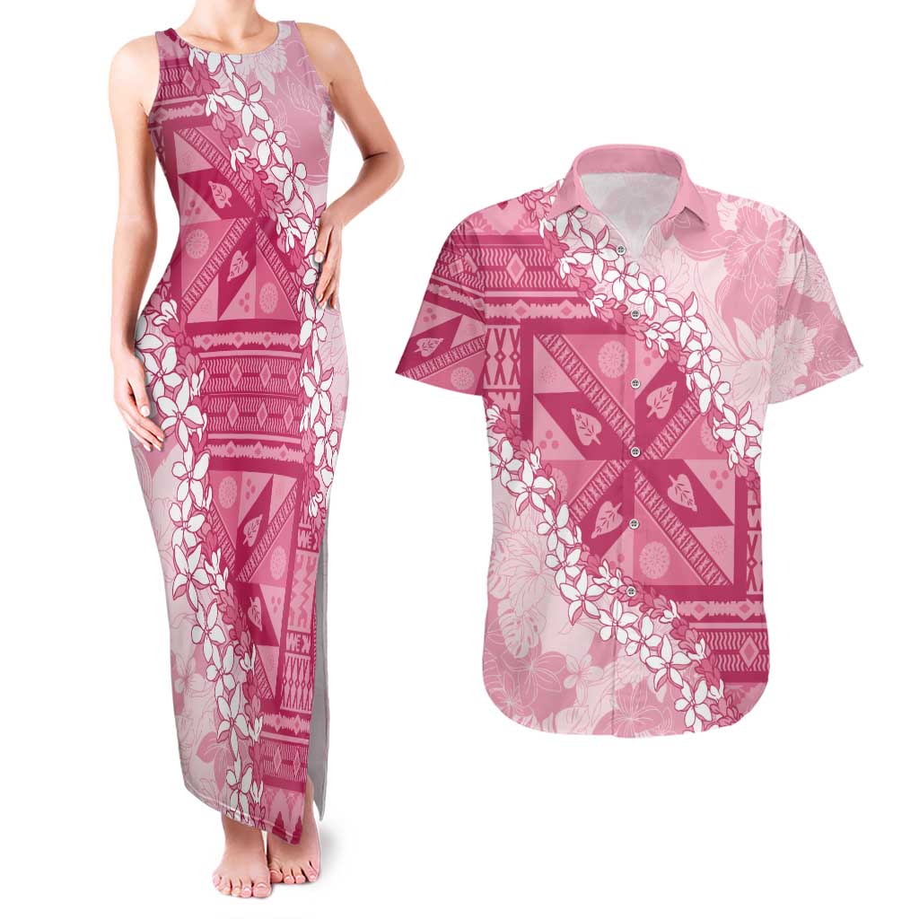 Bula Fiji Plumeria Tagimoucia Salusalu Pink Couples Matching Tank Maxi Dress and Hawaiian Shirt Kaiviti Masi LT7 Pink - Polynesian Pride