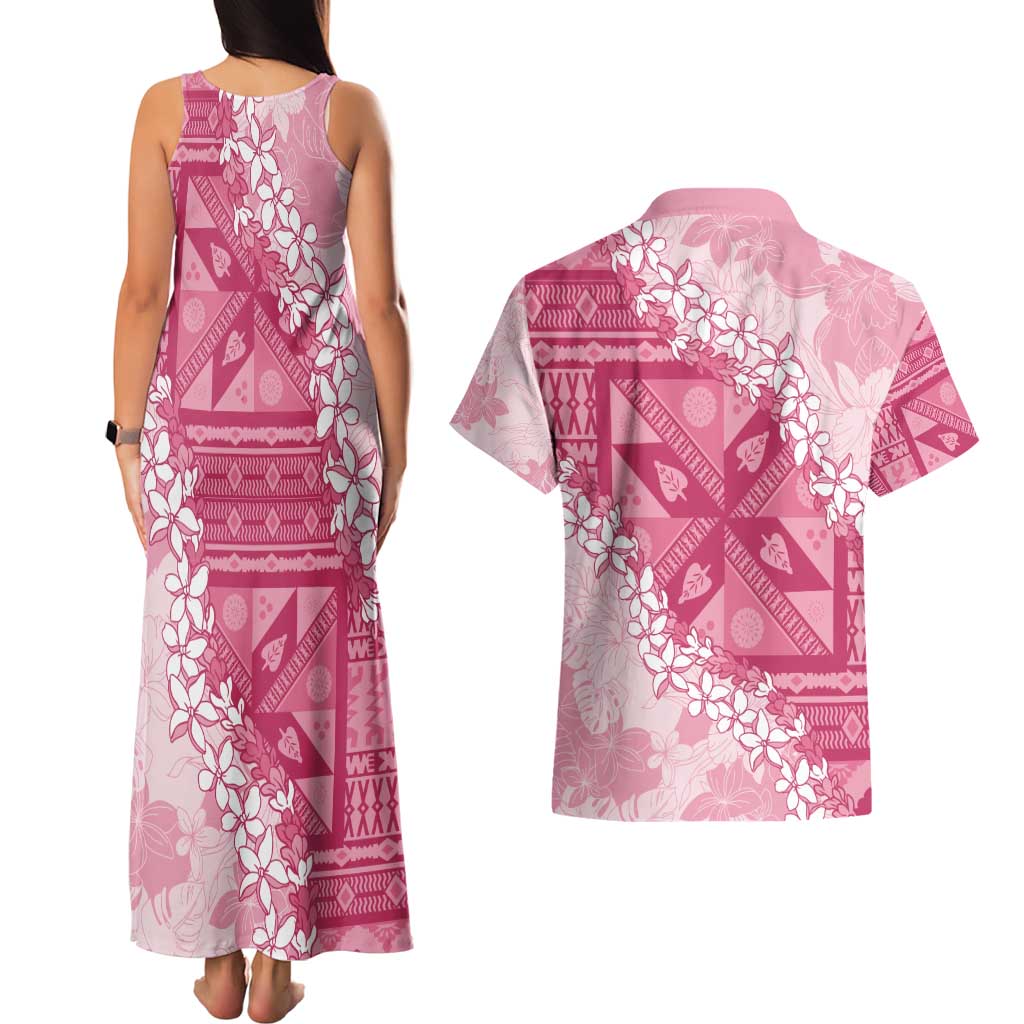 Bula Fiji Plumeria Tagimoucia Salusalu Pink Couples Matching Tank Maxi Dress and Hawaiian Shirt Kaiviti Masi LT7 - Polynesian Pride
