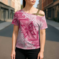 Bula Fiji Plumeria Tagimoucia Salusalu Pink Cross Shoulder Shirt Kaiviti Masi - Polynesian Pride