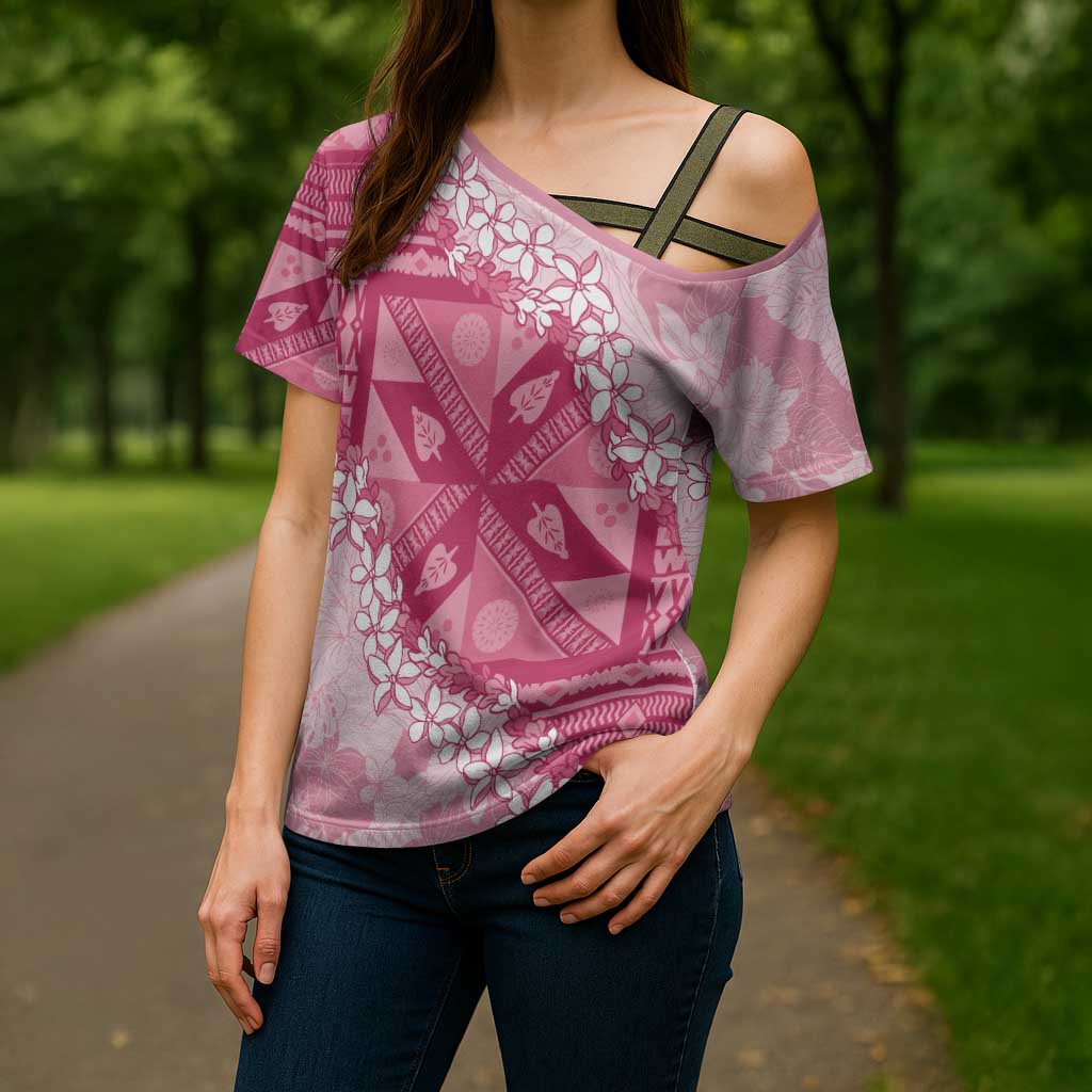 Bula Fiji Plumeria Tagimoucia Salusalu Pink Cross Shoulder Shirt Kaiviti Masi - Polynesian Pride
