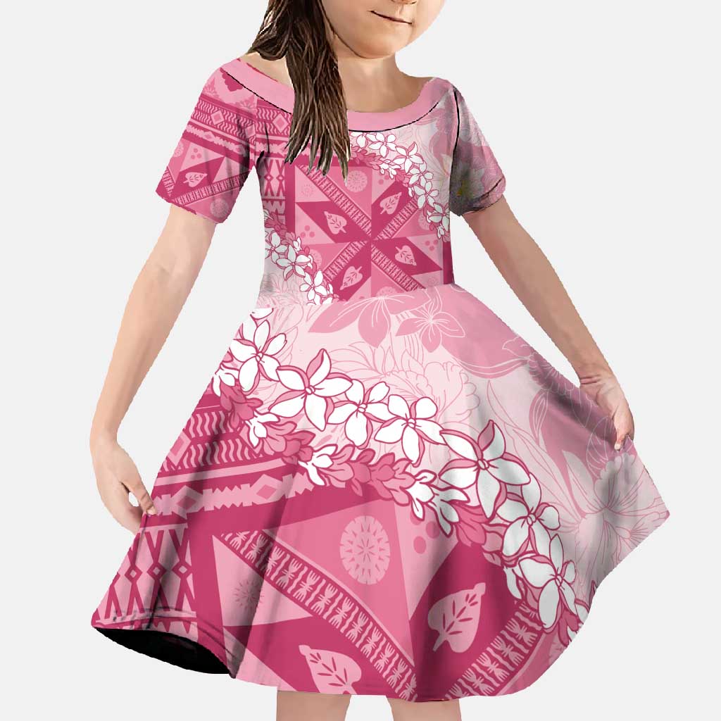 Bula Fiji Plumeria Tagimoucia Salusalu Pink Family Matching Off Shoulder Maxi Dress and Hawaiian Shirt Kaiviti Masi LT7 Daughter's Dress Pink - Polynesian Pride