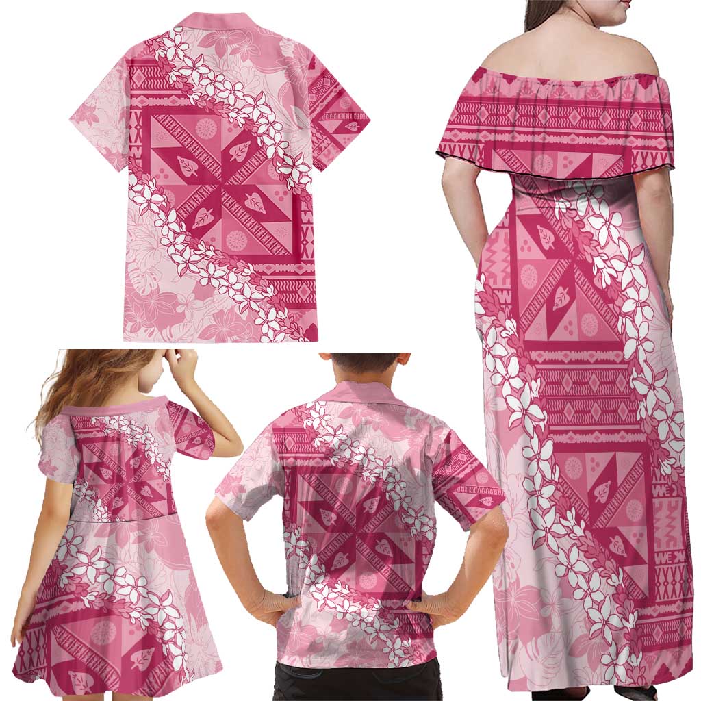 Bula Fiji Plumeria Tagimoucia Salusalu Pink Family Matching Off Shoulder Maxi Dress and Hawaiian Shirt Kaiviti Masi LT7 - Polynesian Pride