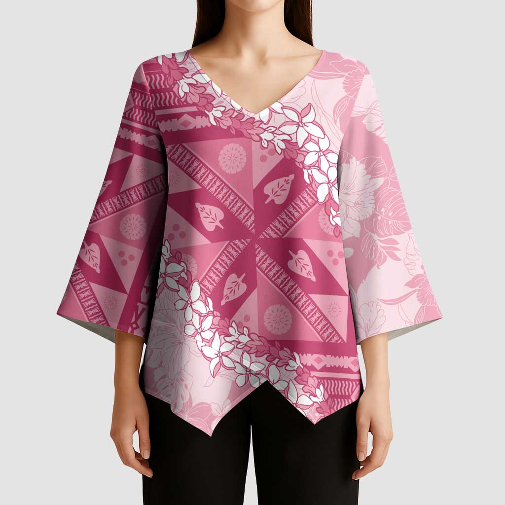 Bula Fiji Plumeria Tagimoucia Salusalu Pink Kimono Sleeve Blouse Kaiviti Masi LT7 - Polynesian Pride