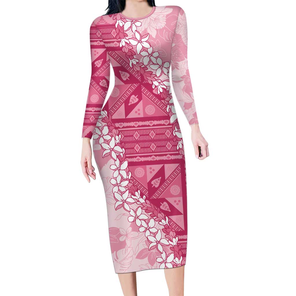 Bula Fiji Plumeria Tagimoucia Salusalu Pink Long Sleeve Bodycon Dress Kaiviti Masi LT7 Long Dress Pink - Polynesian Pride