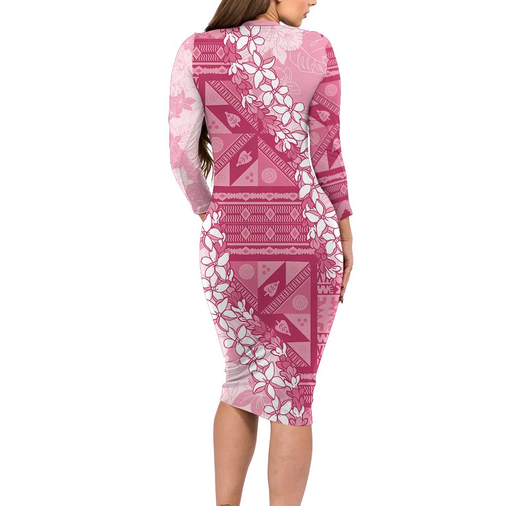 Bula Fiji Plumeria Tagimoucia Salusalu Pink Long Sleeve Bodycon Dress Kaiviti Masi LT7 - Polynesian Pride