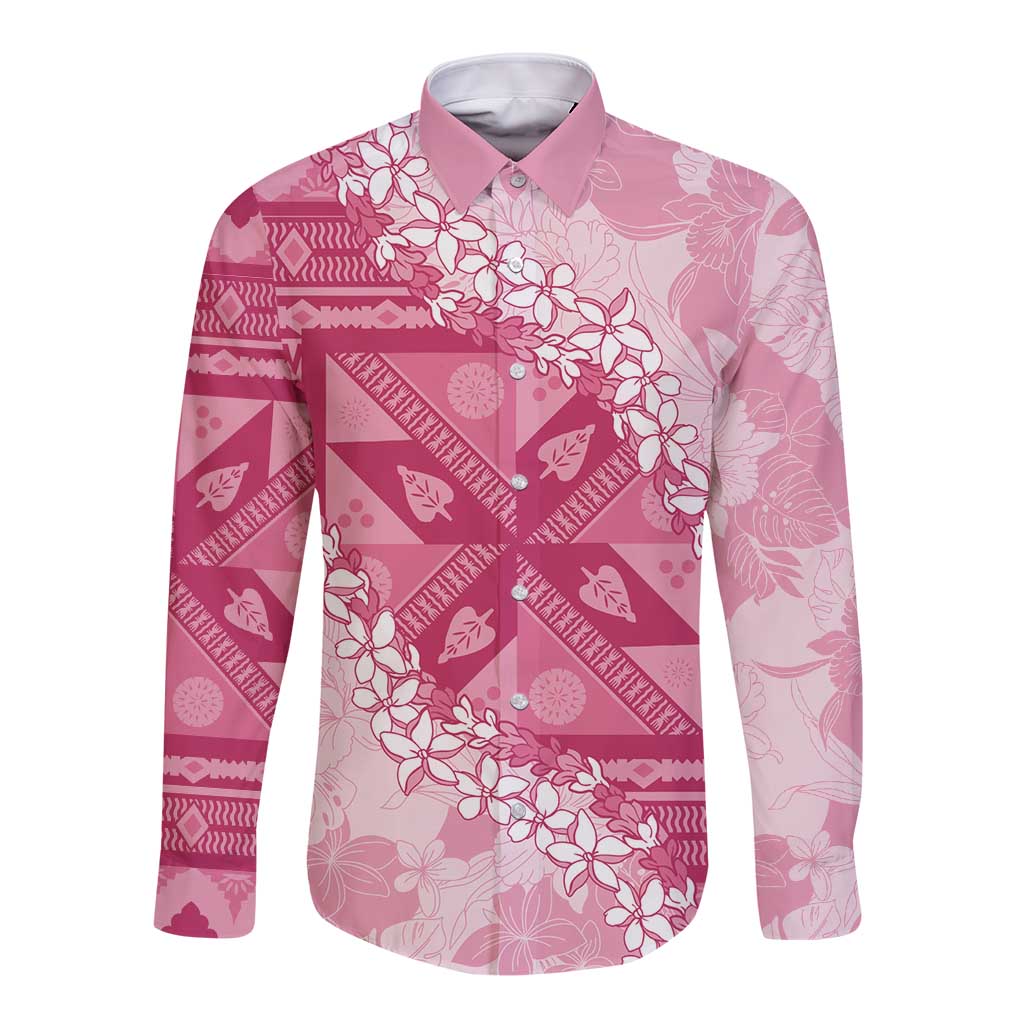 Bula Fiji Plumeria Tagimoucia Salusalu Pink Long Sleeve Button Shirt Kaiviti Masi - Polynesian Pride