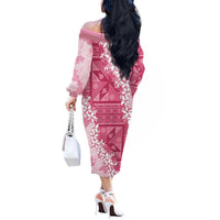 Bula Fiji Plumeria Tagimoucia Salusalu Pink Off The Shoulder Long Sleeve Dress Kaiviti Masi LT7 - Polynesian Pride