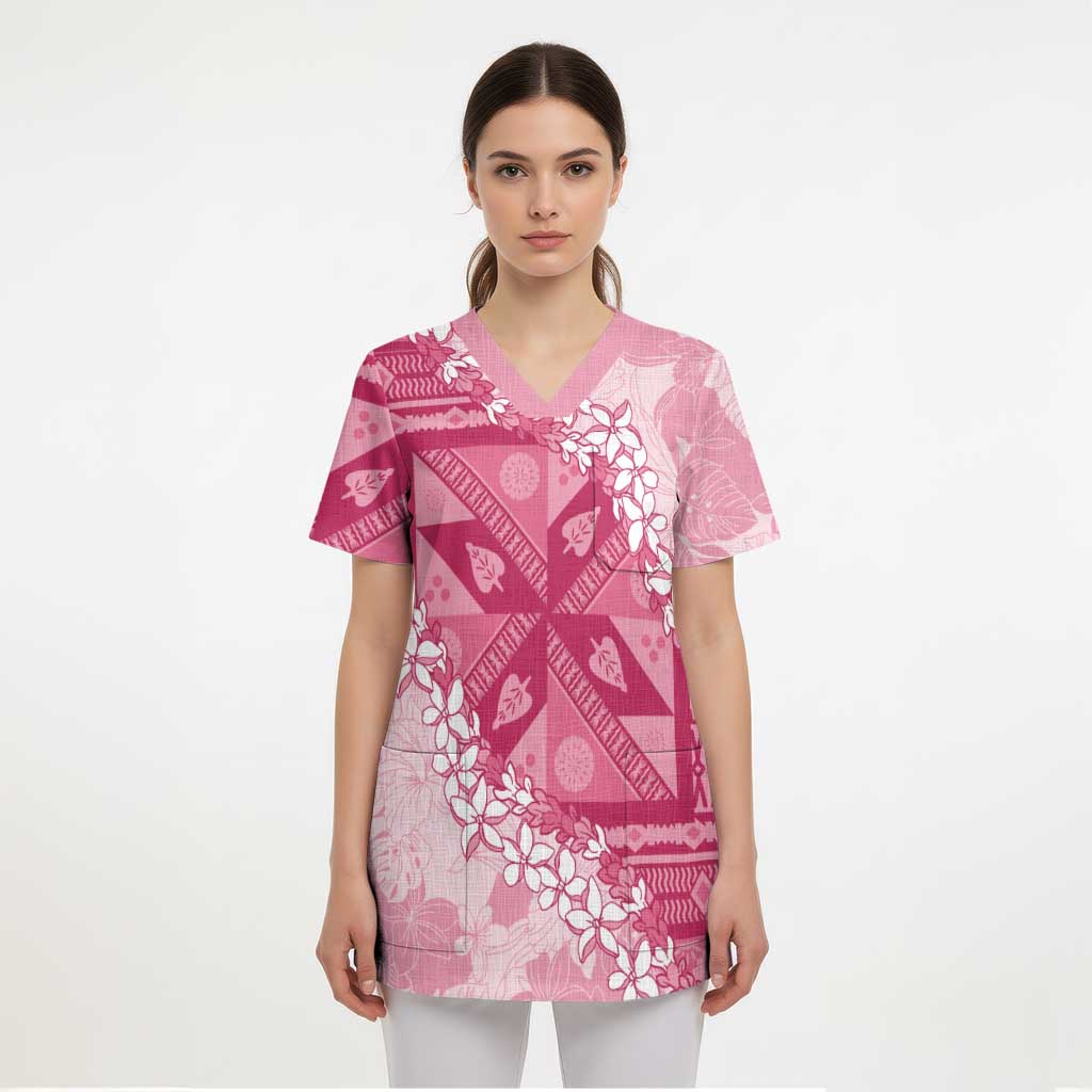 Bula Fiji Plumeria Tagimoucia Salusalu Pink Scrub Top Kaiviti Masi LT7 - Polynesian Pride