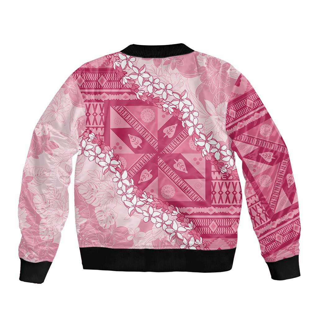 Bula Fiji Plumeria Tagimoucia Salusalu Pink Sleeve Zip Bomber Jacket Kaiviti Masi LT7 - Polynesian Pride
