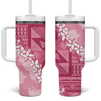 Bula Fiji Plumeria Tagimoucia Salusalu Pink Tumbler With Handle Kaiviti Masi LT7 One Size: 40 oz Pink - Polynesian Pride