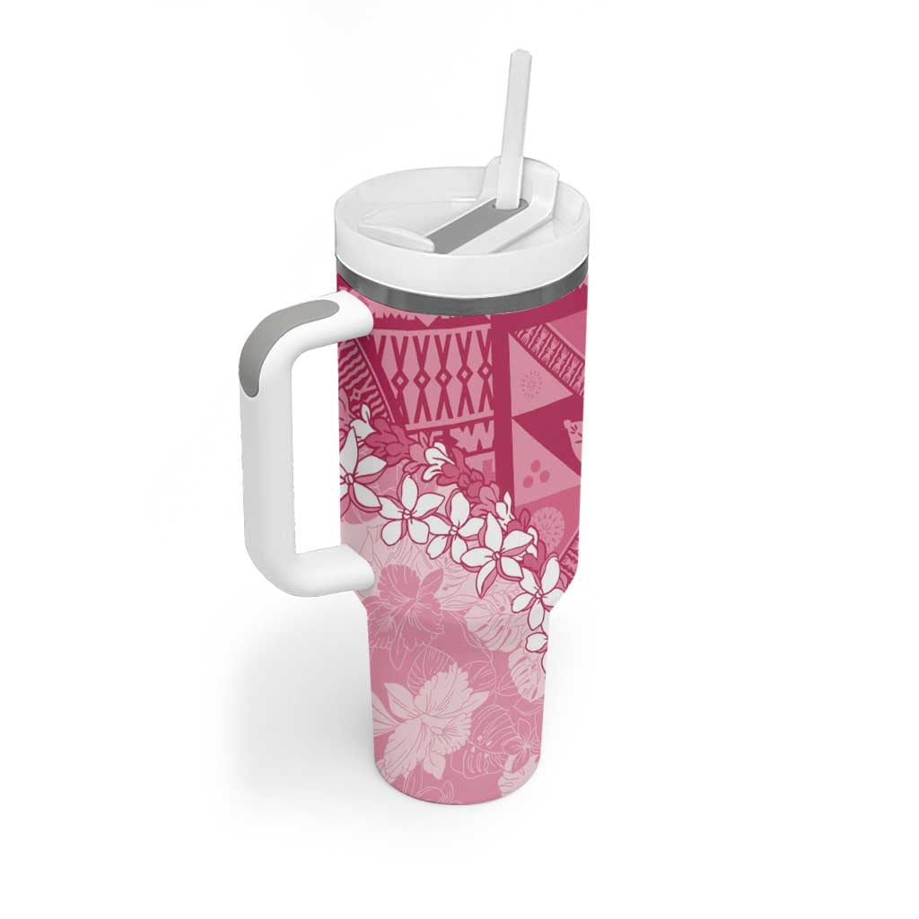 Bula Fiji Plumeria Tagimoucia Salusalu Pink Tumbler With Handle Kaiviti Masi LT7 - Polynesian Pride
