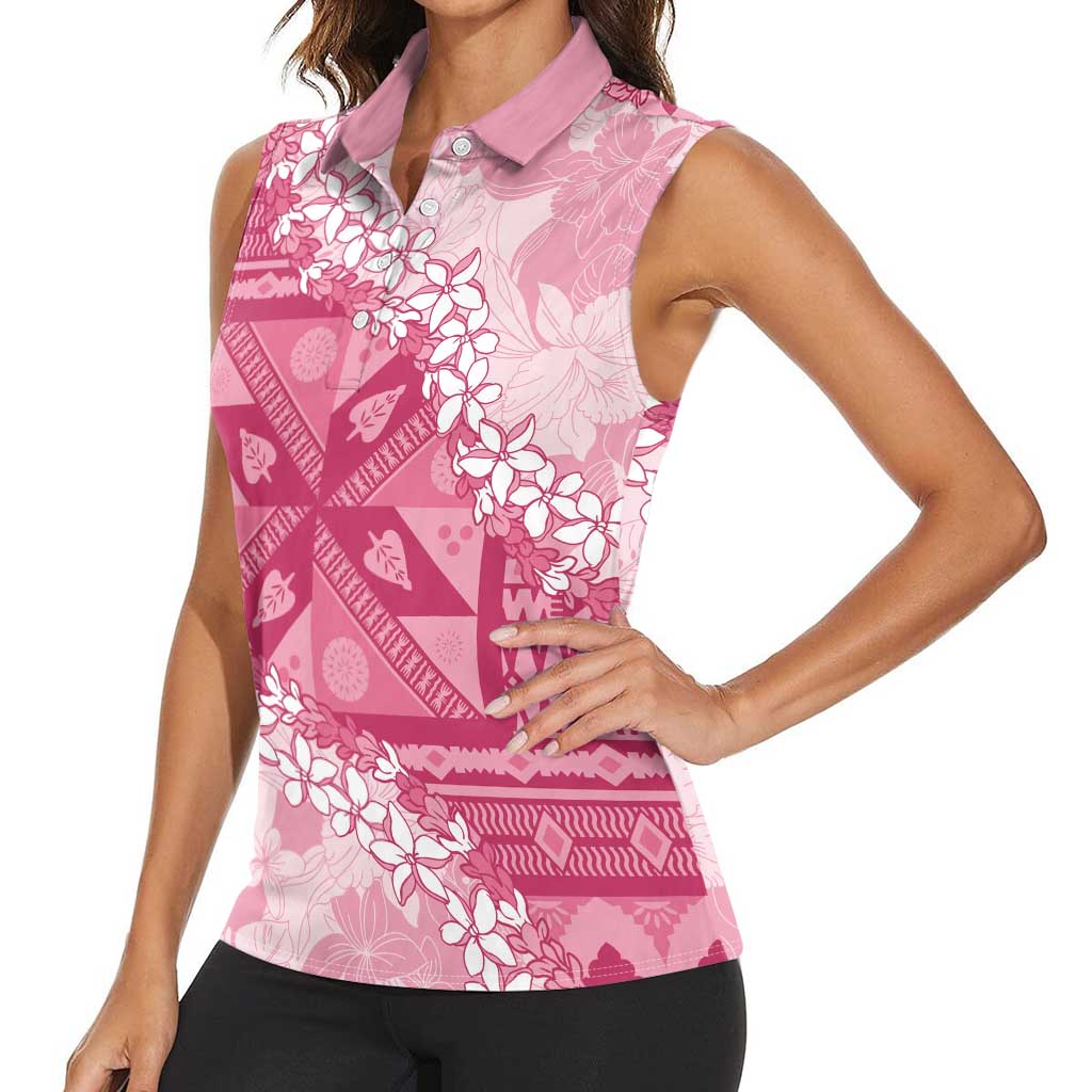 Bula Fiji Plumeria Tagimoucia Salusalu Pink Women Sleeveless Polo Shirt Kaiviti Masi LT7 - Polynesian Pride
