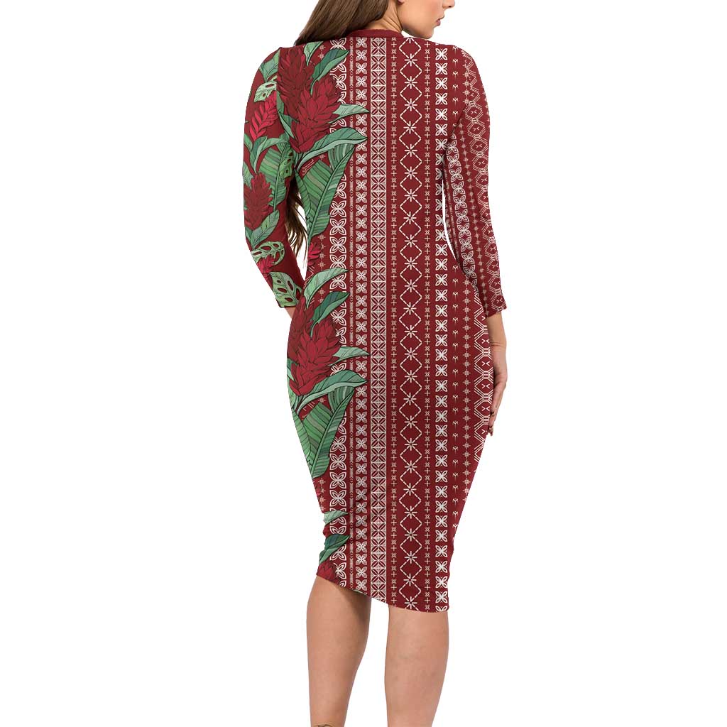 Women's Day Samoa Malu Tattoo Inspired Mix Teuila Long Sleeve Bodycon Dress Scarlet