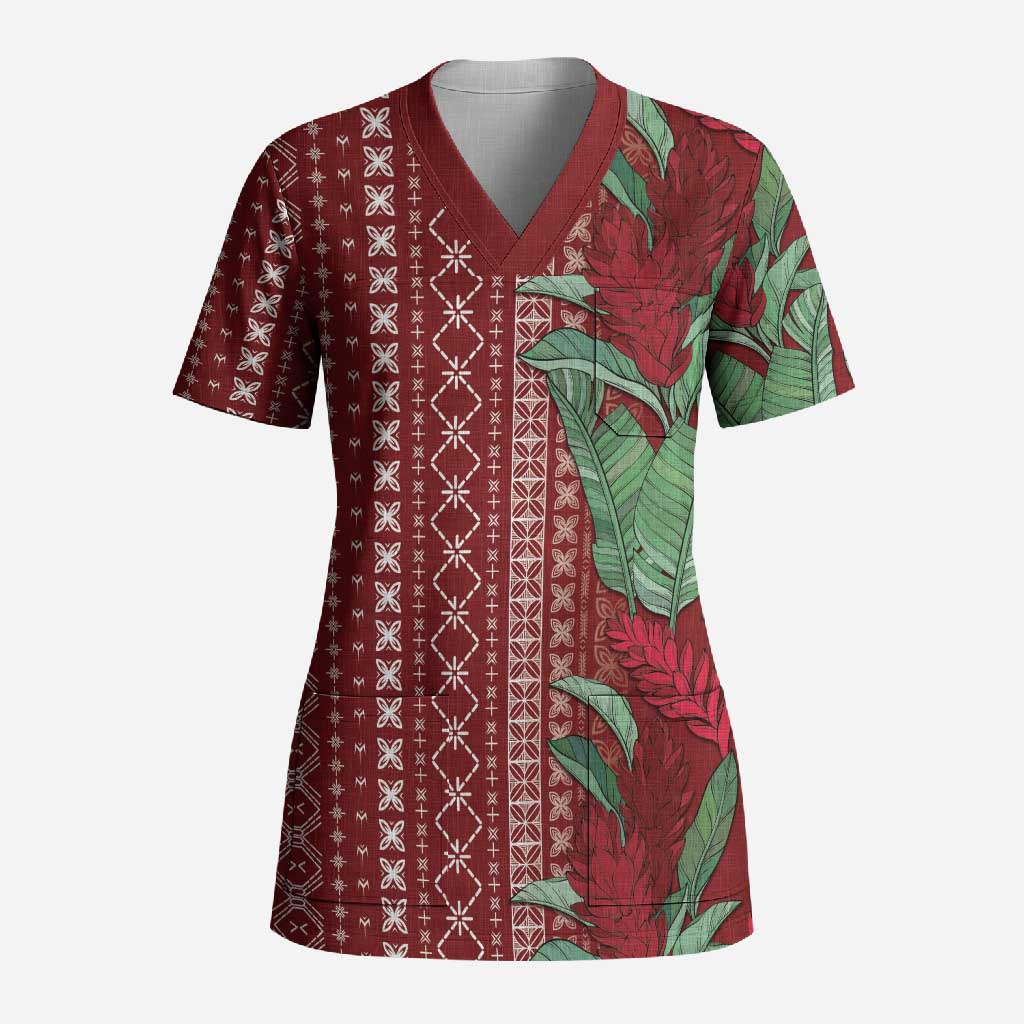 Women's Day Samoa Malu Tattoo Inspired Mix Teuila Scrub Top Scarlet