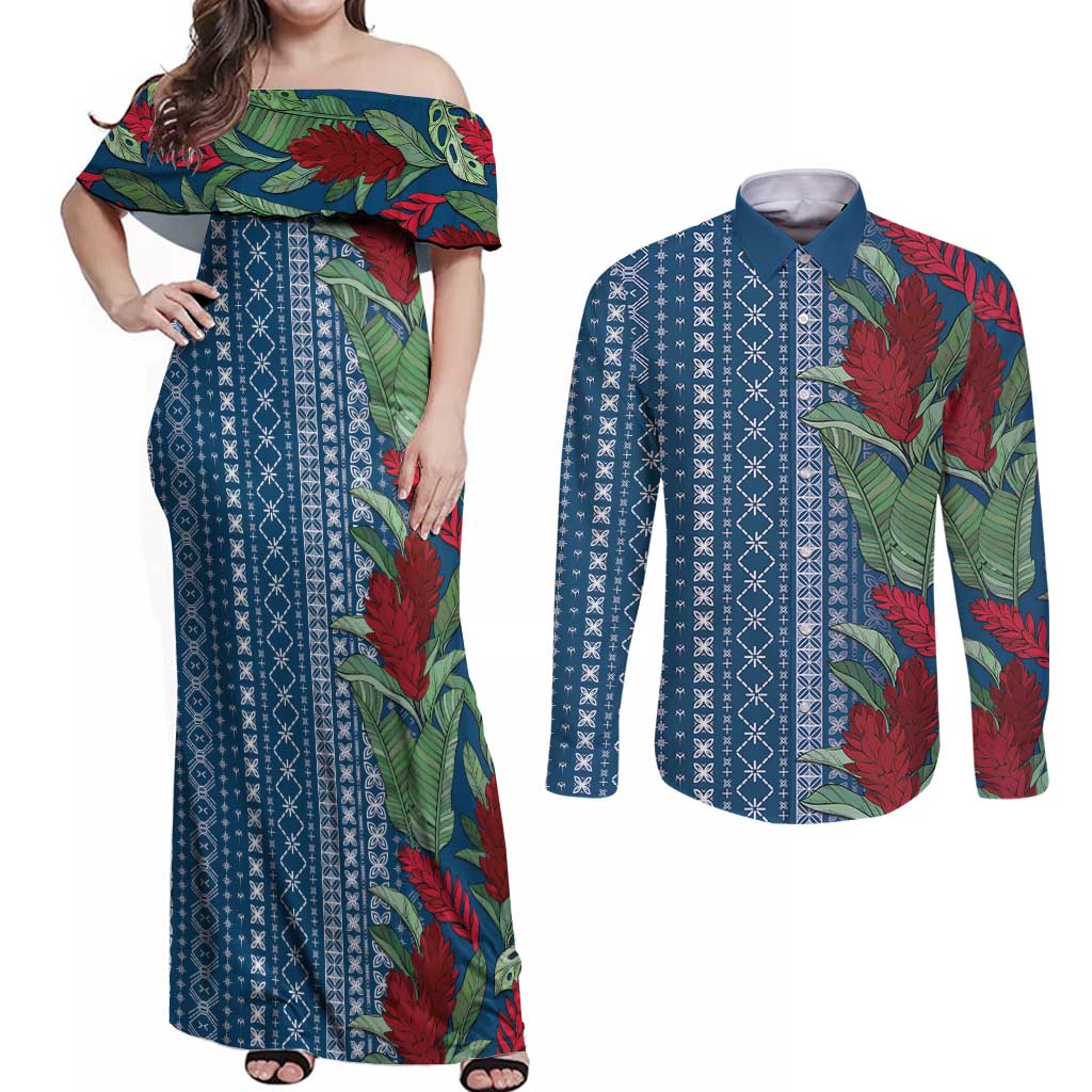 Women's Day Samoa Malu Tattoo Inspired Mix Teuila Couples Matching Off Shoulder Maxi Dress and Long Sleeve Button Shirt Royal Blue LT7 Royal Blue - Polynesian Pride