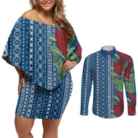 Women's Day Samoa Malu Tattoo Inspired Mix Teuila Couples Matching Off Shoulder Short Dress and Long Sleeve Button Shirt Royal Blue LT7 Royal Blue - Polynesian Pride