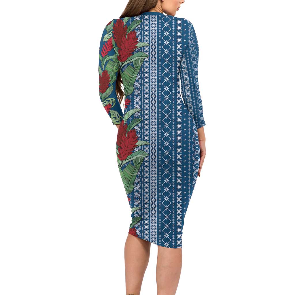 Women's Day Samoa Malu Tattoo Inspired Mix Teuila Long Sleeve Bodycon Dress Royal Blue