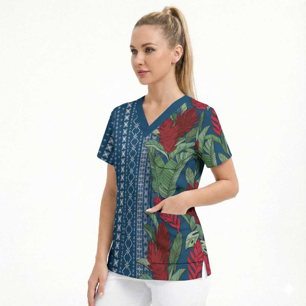 Women's Day Samoa Malu Tattoo Inspired Mix Teuila Scrub Top Royal Blue