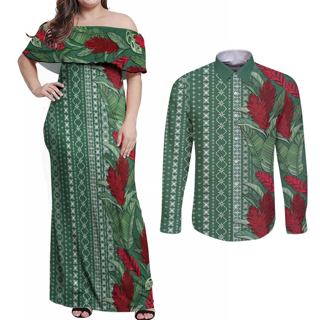 Women's Day Samoa Malu Tattoo Inspired Mix Teuila Couples Matching Off Shoulder Maxi Dress and Long Sleeve Button Shirt Sage Green