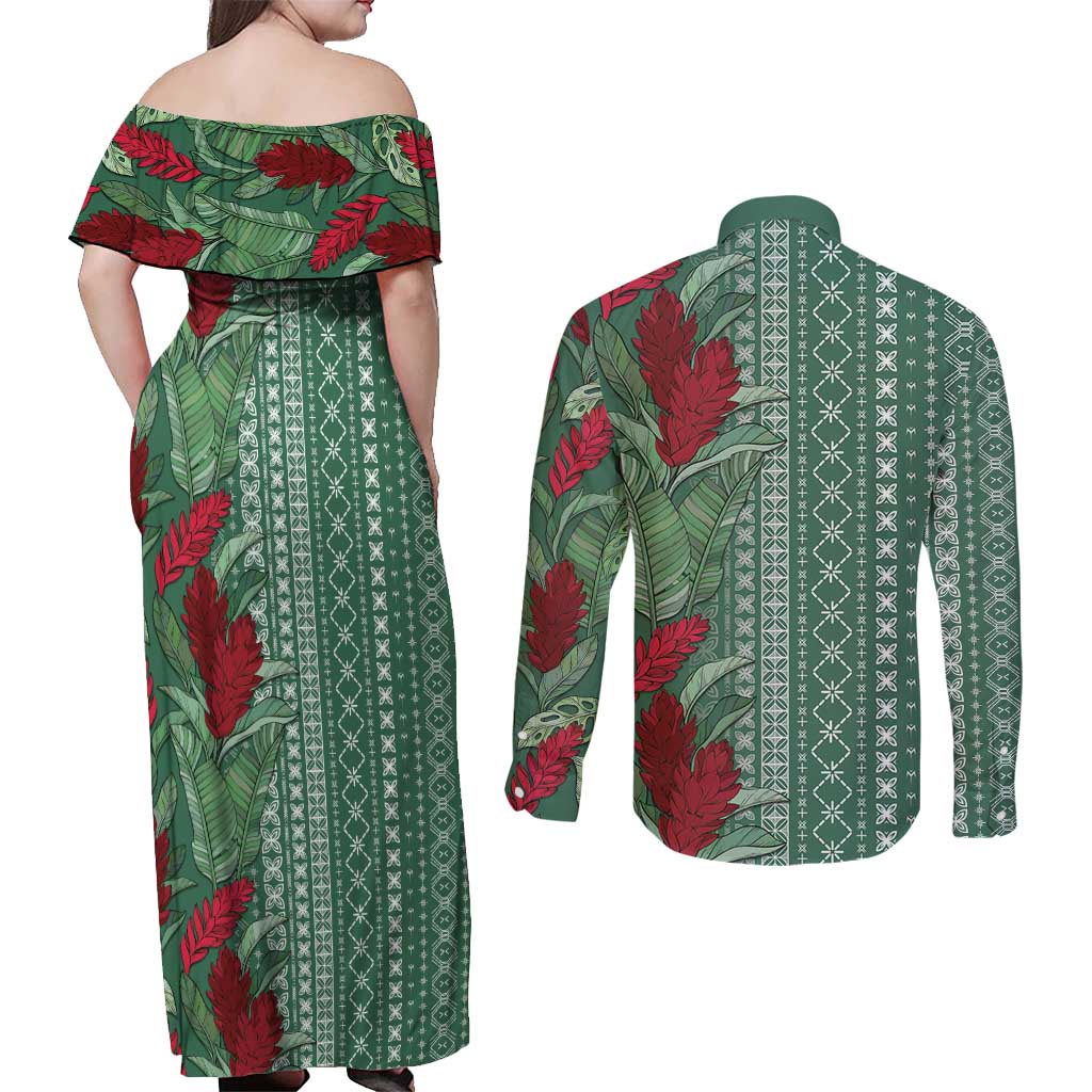 Women's Day Samoa Malu Tattoo Inspired Mix Teuila Couples Matching Off Shoulder Maxi Dress and Long Sleeve Button Shirt Sage Green LT7 - Polynesian Pride