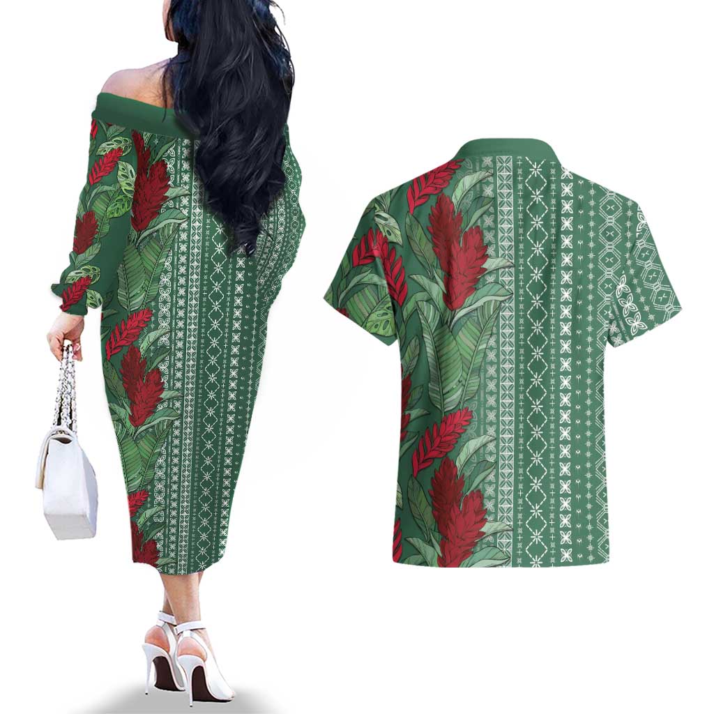 Women's Day Samoa Malu Tattoo Inspired Mix Teuila Couples Matching Off The Shoulder Long Sleeve Dress and Hawaiian Shirt Sage Green