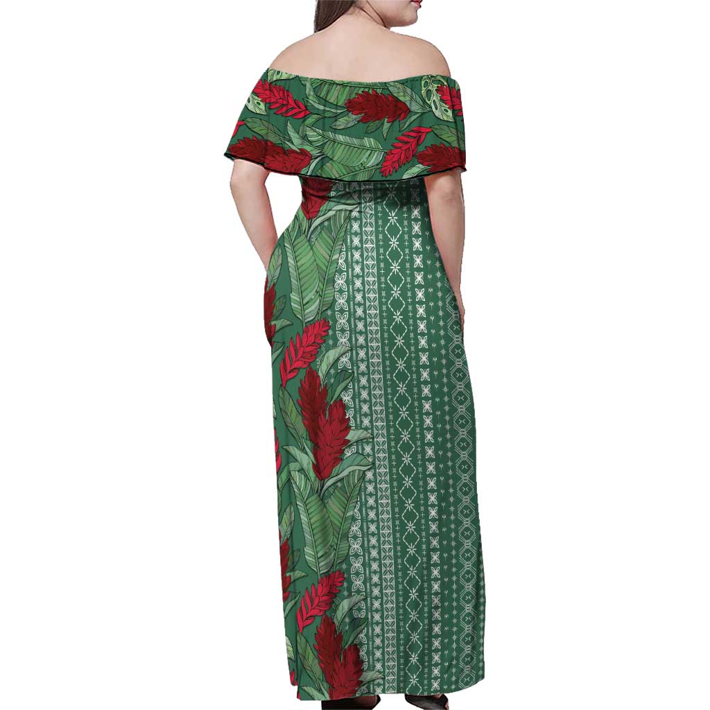 Women's Day Samoa Malu Tattoo Inspired Mix Teuila Family Matching Off Shoulder Maxi Dress and Hawaiian Shirt Sage Green