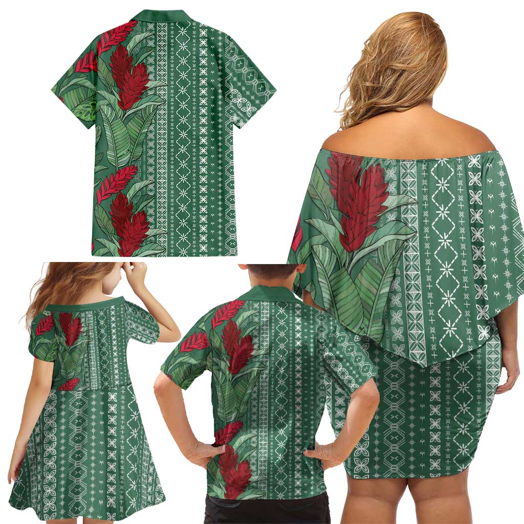 Women's Day Samoa Malu Tattoo Inspired Mix Teuila Family Matching Off Shoulder Short Dress and Hawaiian Shirt Sage Green
