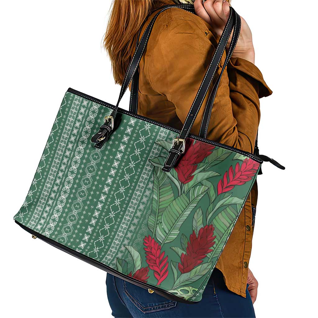 Women's Day Samoa Malu Tattoo Inspired Mix Teuila Leather Tote Bag Sage Green
