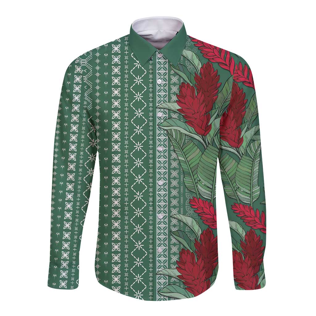 Women's Day Samoa Malu Tattoo Inspired Mix Teuila Long Sleeve Button Shirt Sage Green