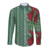Women's Day Samoa Malu Tattoo Inspired Mix Teuila Long Sleeve Button Shirt Sage Green