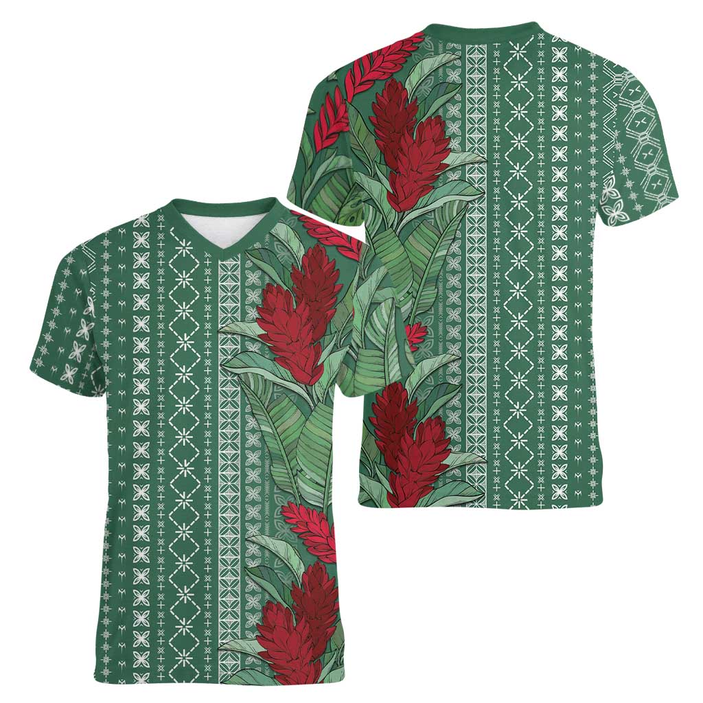 Women's Day Samoa Malu Tattoo Inspired Mix Teuila Women V-Neck T-Shirt Sage Green LT7 - Polynesian Pride