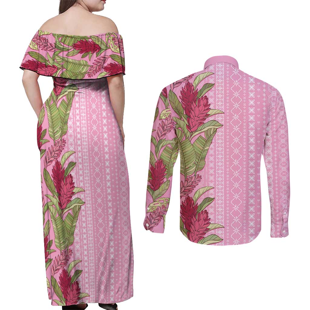 Women's Day Samoa Malu Tattoo Inspired Mix Teuila Couples Matching Off Shoulder Maxi Dress and Long Sleeve Button Shirt Rose Pink LT7 - Polynesian Pride