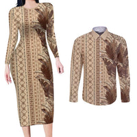 Women's Day Samoa Malu Tattoo Inspired Mix Teuila Couples Matching Long Sleeve Bodycon Dress and Long Sleeve Button Shirt Vintage Tapa LT7 Beige - Polynesian Pride
