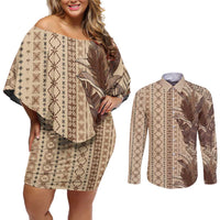 Women's Day Samoa Malu Tattoo Inspired Mix Teuila Couples Matching Off Shoulder Short Dress and Long Sleeve Button Shirt Vintage Tapa LT7 Beige - Polynesian Pride