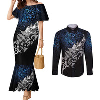 Maori Matariki Couples Matching Mermaid Dress and Long Sleeve Button Shirt Landscape Styled Fern - Galaxy
